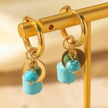 1 Pair Of Delicate Retro Women Retro Green Natural Stone Charm Fashion Waterproof Jewelry Hoop Earrings - Turquoise - View 10