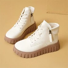 2024 New Stylish Thick Sole Leather Ankle Boots For Women, British Style Boots For Fall/Winter - Beige - View 4