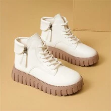 2024 New Stylish Thick Sole Leather Ankle Boots For Women, British Style Boots For Fall/Winter - Beige - View 5