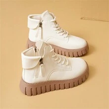 2024 New Stylish Thick Sole Leather Ankle Boots For Women, British Style Boots For Fall/Winter - Beige - View 6