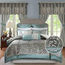 Brystol 24 件套床上用品套装，仿丝棉被提花佩斯利设计配套窗帘，四季皆宜，有黑色、红色、蓝色、青色、蓝色、海军蓝、蓝色、棕色、大号/特大号/加州特大号可供选择 - 水鴨藍 - 查看 5