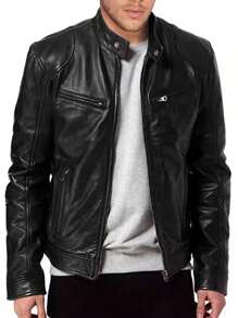 Chaqueta de Hombre Chaqueta de PU con múltiples Bolsillos Cuello Alto Cremallera Cárdigan Chaqueta Otoño e Invierno Botón cálido - Negro - Ver 1
