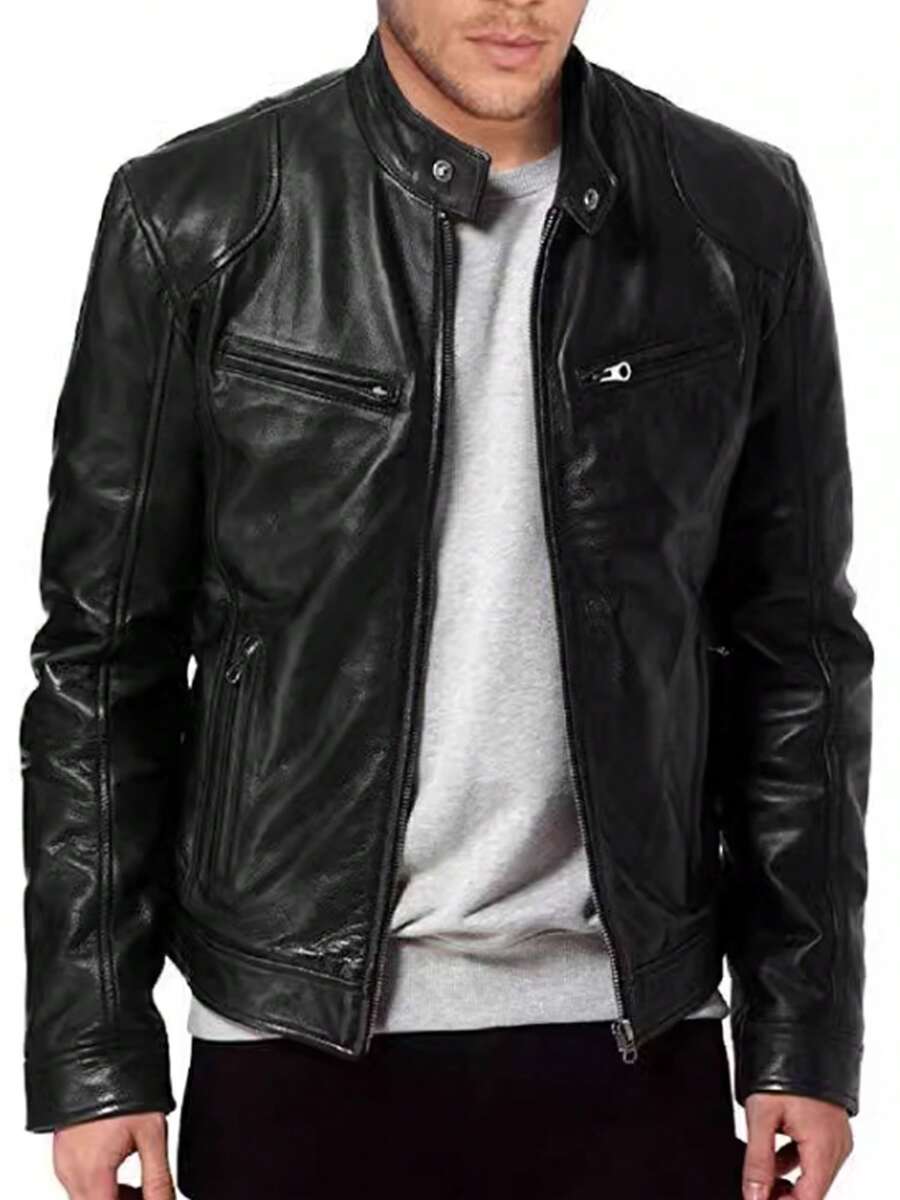 Chaqueta de Hombre Chaqueta de PU con múltiples Bolsillos Cuello Alto Cremallera Cárdigan Chaqueta Otoño e Invierno Botón cálido - Negro - Ver 1