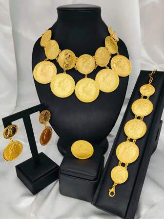 4pcs Fashion Women Portrait & Coin Pendant Necklace, Earrings, Bracelet And Ring Jwewllery Set, Plated Gold, Middle East Dubai Europe Africa Wedding Party Bridal Accessories, Holiday Gift