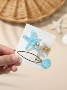 2pcs Bohemian Shell & Starfish Shaped Hair Clips For Daily And Beach Vacation Use - Multicolor - View 15
