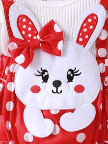 Bộ 2 món/Bộ đồ liền thân 2 trong 1 họa tiết chấm bi thường ngày cổ tròn tay lửng họa tiết thỏ hoạt hình dành cho bé gái kèm băng đô - Đỏ - Xem 6