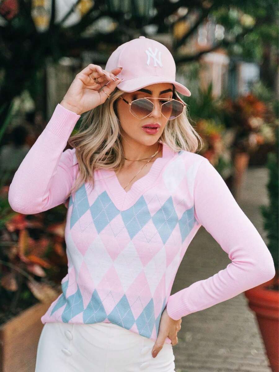 Women's Blouse Scottish Plaid Knitting Sweater V-Neck Tricot - Baby Pink - View 1