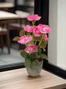 1pc/1set Artificial Flowers 17.5cm Tall Fake Plants Flocked Foam Cement Pot Mini Bonsai Decor Set, Suitable For Indoor Office Coffee Table Cabinet Desktop Decoration, Valentine Day, Gift Gifts Birthday Graduation