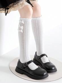 1 双儿童绞花蝴蝶装饰四季及膝袜 - 白色 - 查看 5