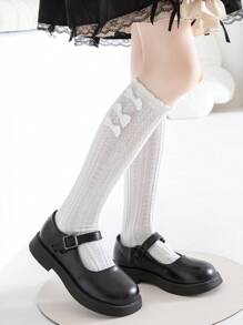 1 双儿童绞花蝴蝶装饰四季及膝袜 - 白色 - 查看 3
