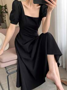 Vestido Elegante de Verano para Mujer de Unicolor, Vestidos Transpirables Cómodos Casuales de Verano para Mujer, Vestidos Ajustadoss para Mujer 2025 - Negro - Ver 4