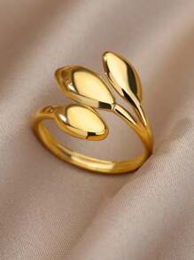 Anillo de hojas de color dorado en forma de rama de árbol de acero inoxidable exquisito para mujer y hombre, anillo de hojas estético para boda, regalo de fiesta - JZ3960 - Ver 1