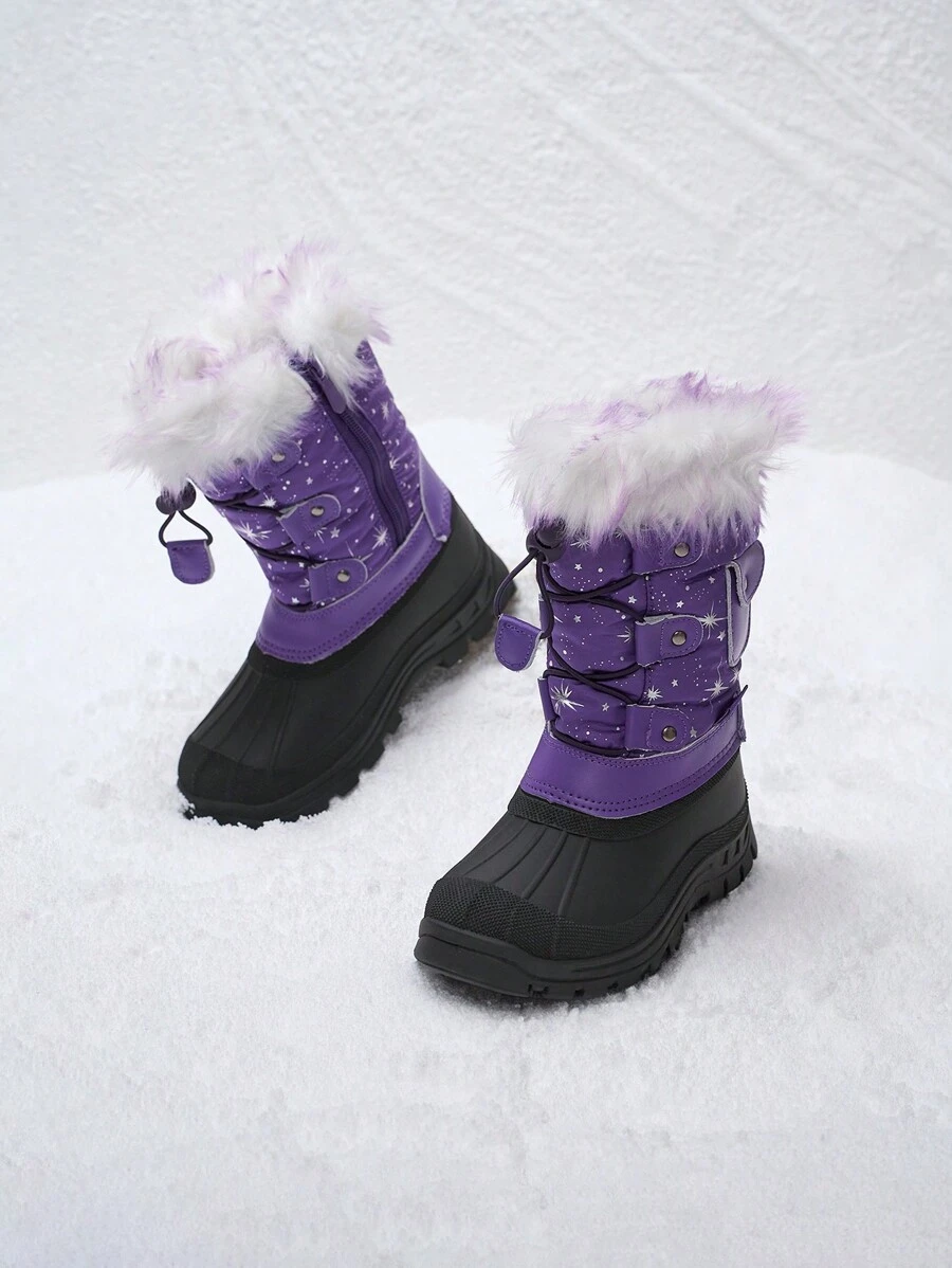 Boys Girls Snow Boots Mid Calf Boots Insulated Waterproof Side Zipper For Christams Gifts - 紫色 - 查看 1