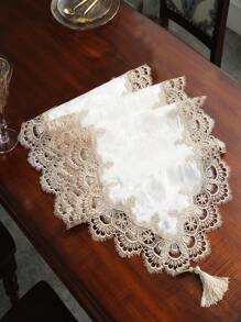 Floral Jacquard Tassel Decor Table Runner, Lace Embroidered Table Decoration Cloth For Dining Table - Beige - View 3