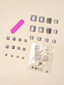 24 piezas de puntas de uñas de presión para los dedos de los pies en diseño cuadrado recortado, acabado brillante en azul klein, negro, gris, burdeos con decoración de pedrería y brillo, que incluyen 1 lima de uñas y 1 suministro de uñas adhesivas de gel de gelatina - azul real - Ver 6