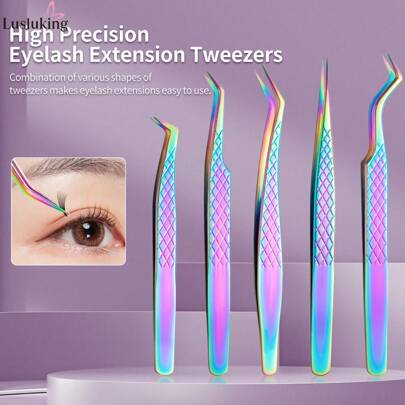 LUSLUKING SHEIN X Milania 1/5pcs High Precision Stainless Steel Eyelash Extension Tweezers - Straight Tip For Perfect Lash Placement And Brow Shaping
