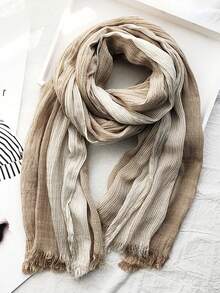 1pc Striped Linen Scarf With Tassel Pleated Artistic Sunscreen Shawl - Multicolor - View 8