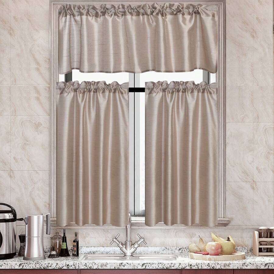 1 PC Đồng Màu Giả Tơ Thanh Túi Ngắn Rèm Cửa Sổ, Cà Phê - Vàng - Xem 1