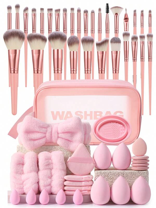 55PCS Makeup Tools Set Including:1pc Multi-Functional Zipper Toiletry And Cosmetic Bag Waterproof+30pcs Makeup Brush Sets+5PCS Makeup Sponge+5PCS Mini Makeup Sponges+5PCS Triangle Powder Puffs+5PCS Mini Air Cushion Powder Puffs+1pc Hairband+2PCS Hand Bowl Strap+1pc Makeup Brush Cleaning Tools