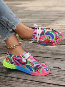 新款彩虹鞋底彩色时尚女士帆布鞋、大码休闲鞋、一脚蹬乐福鞋、轻便女士平底鞋 - 多色 - 查看 2