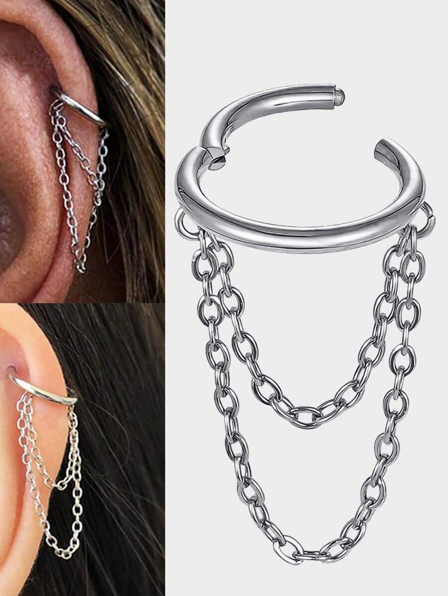 16G Stainless Steel Cartilage Earrings Hoop 8mm Helix Piercing Jewelry With Double Chains Hypoallergenic Hinged Clicker