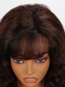 18 Inch Long Curly Wave Wig 1 PC Brown Wig With Bang Synthetic Wig 150% High Density Heat Resistant Fiber Breathable Rose Net Cap Versatile For Daily Wear And Halloween Party