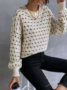 Autumn And Winter New Fashionable Round Neck Retro Plaid Contrast Stitching Long-Sleeved Women's Sweater