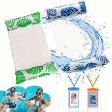 2pcs Inflatable Palm Leaf Print Floating Water Hammock & 2pcs Waterproof Phone Pouch, 4-In-1 Floating Air Mattress For Summer Pool Parties - Multicolor - View 11