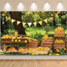 1pc, Lemon Backdrop For Photoshoot Portrait Summer Green Trees Yard Yellow Flag Lemonade Shop Photography Background Birthday Party Decor Banner Photo Booth Props - Multicolor - View 1