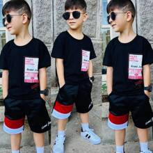 2-Piece Set For Children And Youth Men's Printed T-Shirt And Stylish Casual Shorts - 黑色 - 查看 1