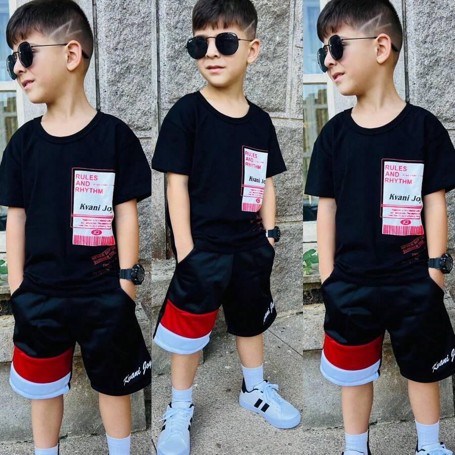 2-Piece Set For Children And Youth Men's Printed T-Shirt And Stylish Casual Shorts - 黑色 - 查看 1