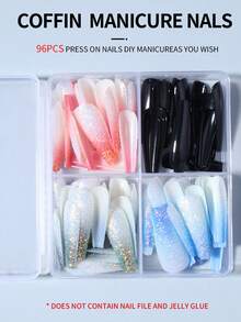 96pcs(4style) Long Coffin Gradient Glitter Design Acrylic Nail Tips Full Cover False Nail Tips Press On Nails With Storage Box As For Suitable For Women And Girls Daily Life And Party Use - Multicolor - View 2