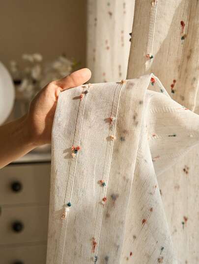 1Piece Chic Rainbow Sugar Bean Embroidered Sheer Curtain - Vintage Style Semi-Shade Bedroom Curtains, Perfect For Living Room, Or Balcony Decor