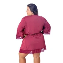 Sexy Plus Size Microfiber Robe With Satin Bow For Bride With Lace Details Half Sleeve - Màu Đỏ Sâu - Xem 2