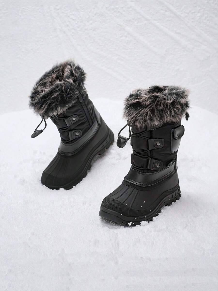 Boys Girls Snow Boots Mid Calf Boots Insulated Waterproof Side Zipper For Christams Gifts - màu đen - Xem 1
