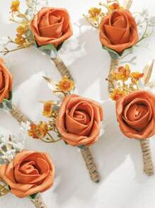 6pcs Rose Flower With Green Plant Romantic Floral Brooch Set, Suitable For Wedding Decor, Events, Formal Parties Valentine's Day