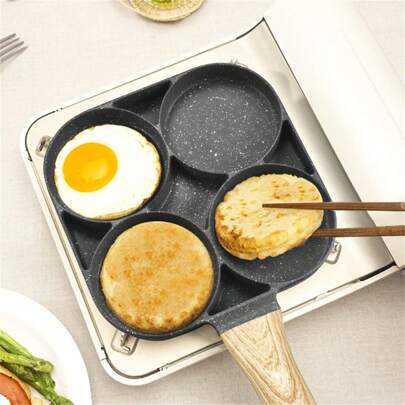 4 Holes Fry Pan For Egg, Non Stick Ham Pancake Maker, Egg Burger Pan With Wooden Handle, For Induction Cooker Gas Stove Seafood Boil