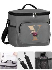 保温午餐盒袋单肩帆布袋保温午餐盒首字母名称 A 到 Z 金色字母花卉印花大容量手提包女士便携式工作食品储存手提包办公室冷藏盒学校野餐露营旅行午餐袋女士午餐袋老师返校冷藏袋教室便当厨房保温午餐袋女士女士学校用品配件 - 灰色 - 查看 5