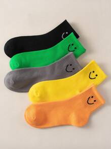 5 Pairs/set Children's Casual Style White Smile Face Pattern Comfortable Round Neck Socks, Suitable For Autumn And Winter Daily Wear - Black and White - View 23