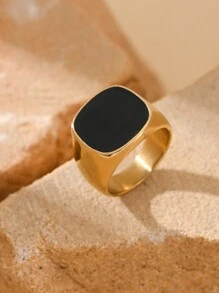 1pc 18K Gold Plated Stainless Steel Minimalist Black Square Pattern Men's Ring, Summer Accessory - Ring - View 2