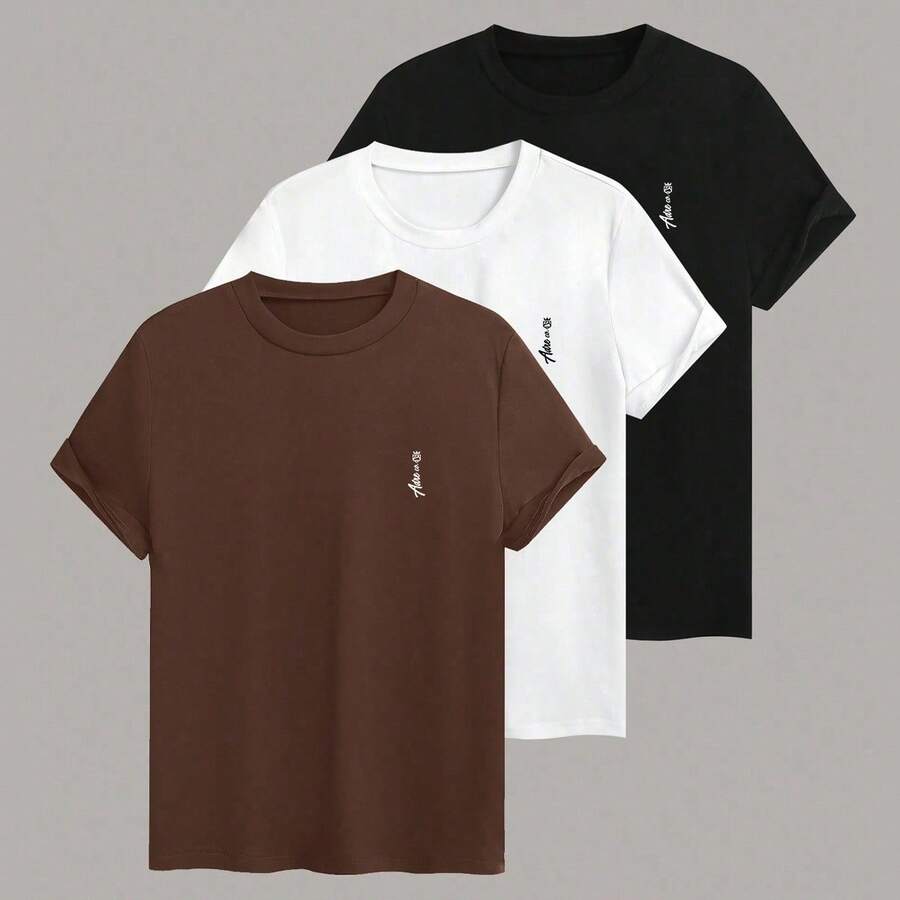 Set Of 3 AdreCo Summer Casual Short-Sleeved Round Neck T-Shirts In Solid Color For Men - Rỉ Nâu - Xem 1