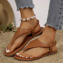 Women's Elastic Ankle Strap Flip Flops Beach Slippers Summer Casual Thong Sandals Triangle Strap Flat Sandals - Brown - View 6