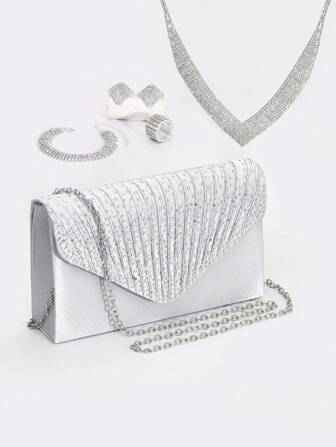 新娘水钻镶嵌晚宴包、项链、手链、耳环和戒指 6 件首饰套装