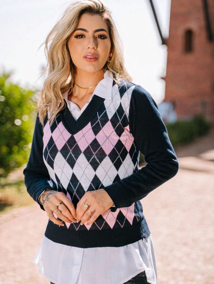 Women's Blouse Scottish Plaid Knitting Sweater V-Neck Tricot - 藏蓝色 - 查看 1