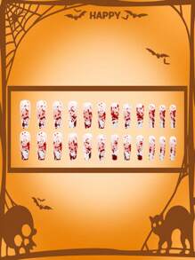 万圣节风格 24 件长棺材形光泽假指甲套装，采用血浆设计，经典法式尖头图案指甲用品和 DIY 万圣节主题假指甲，包括 1 个指甲锉和 1 个双面胶带，非常适合女士和女孩在节日期间用美甲装饰指甲 - 彩色 - 查看 6