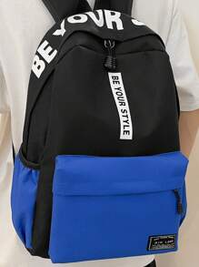 Contrast Color Backpack, Unisex Casual Letter Print Backpack, School Bag For College Students - Blue - View 1