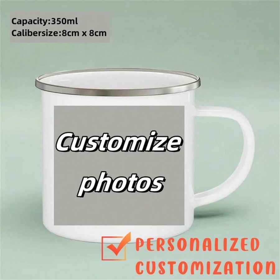 1pc Customized Logo Or Photo Enamel Mug, Company Logo, Camping Mug, Wedding Logo Enamel Coffee Cup, Milk Cup, Beverage Cup, Custom Exclusive Tea Cup, Special Unique Gift, Wedding Anniversary Gift, Christmas Gift, Birthday Gift, Multifunctional, Adjustable, Anti-Mildew, Decorative, Reusable, Exquisite, Cute, High Quality, Modern, Colorful, Adorable, Comfortable, Fashionable, Cartoon, Customized, Personalized, Unique - Silver - View 1