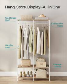 SONGMICS Portable Clothes Wardrobe, Foldable Closet, Clothes Rack Freestanding, Closet Organiser, With Hanging Rods, Storage Shelves, Removable Hooks - 米色 - 查看 3