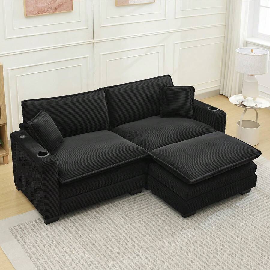 82.7" Cloud Couch Sectional Sofa, Modern 3 Seat L Shaped Couch With Ottoman & Cup Holder & USB Ports, Upholstered Corduroy Couch Comfy Couches For Living Room, Apartment - 黑色 - 查看 1