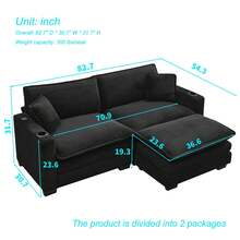 82.7" Cloud Couch Sectional Sofa, Modern 3 Seat L Shaped Couch With Ottoman & Cup Holder & USB Ports, Upholstered Corduroy Couch Comfy Couches For Living Room, Apartment - 黑色 - 查看 2